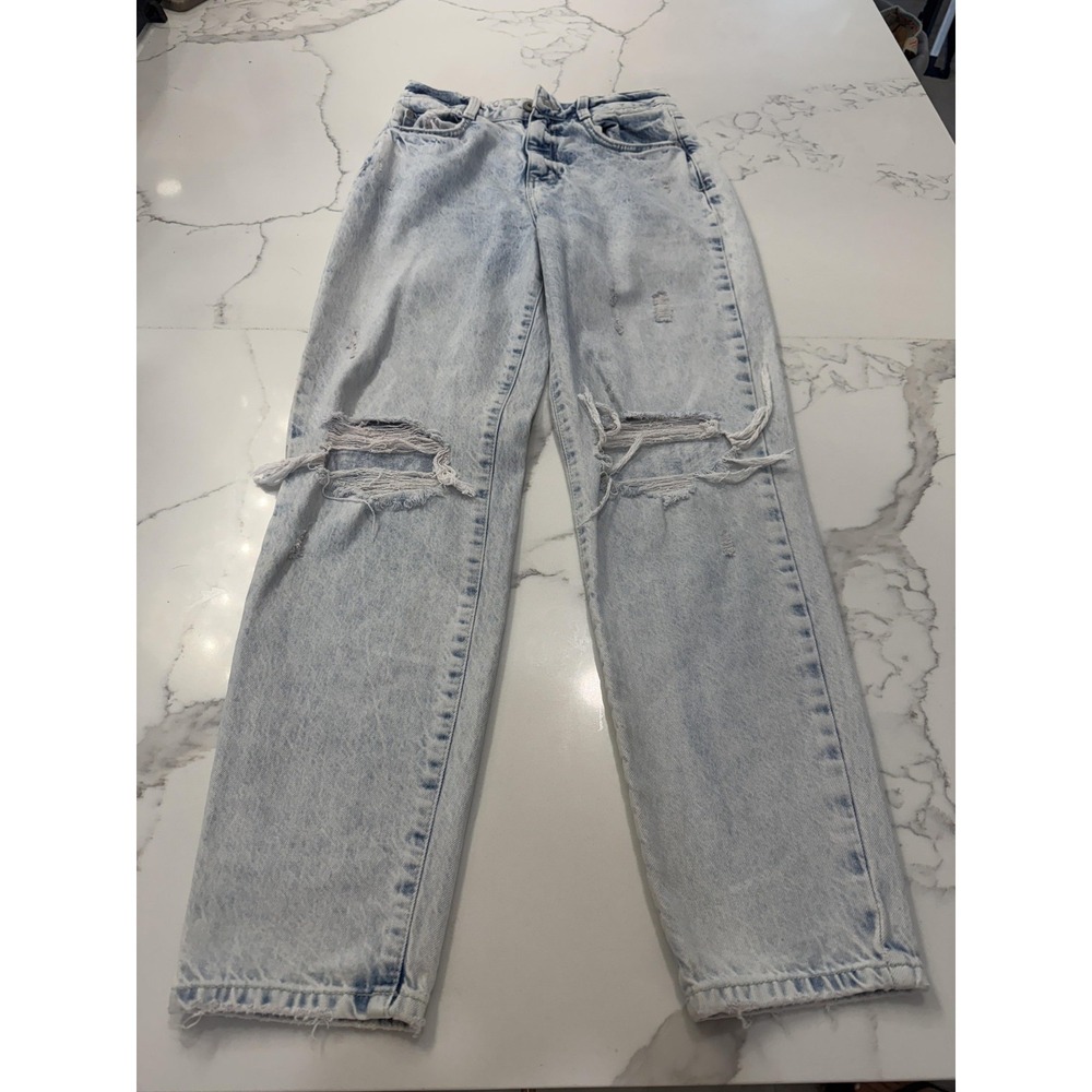 Zara Jeans Womens 4 Blue Acid Wash High Rise Straight Leg Ripped Knees Denim